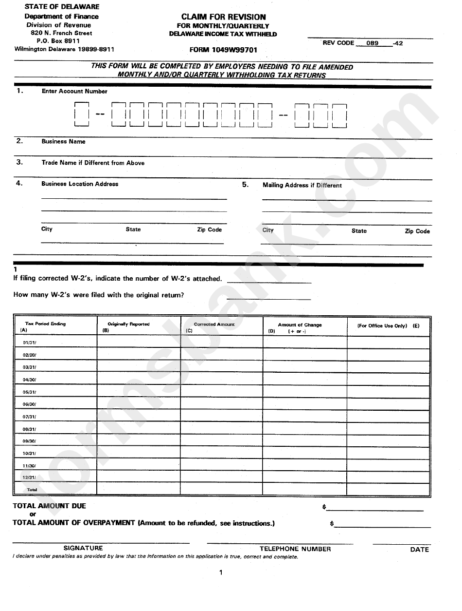 Form 1049w99701 - Claim For Revision For Monthly/quarterly Income Tax Withheld