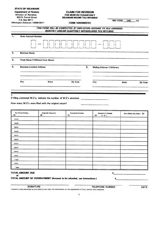 Form 1049w99701 - Claim For Revision For Monthly/quarterly Income Tax Withheld Printable pdf