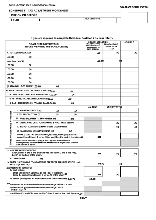 Fillable Form Boe-531-T - Schedule T - Tax Adjustment Worksheet Printable pdf