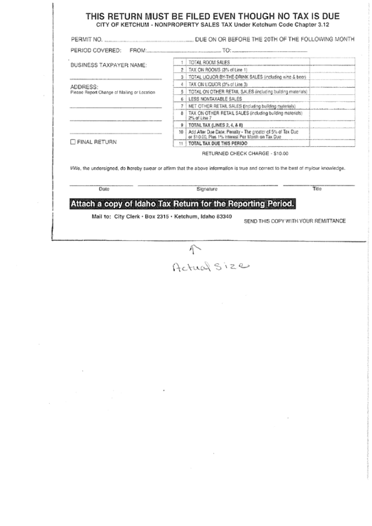 Nonproperty Sales Tax Return Form - City Of Ketchum Printable pdf