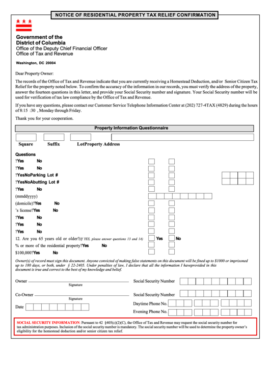 Notice Of Residential Property Tax Relief Confirmation Form Printable pdf