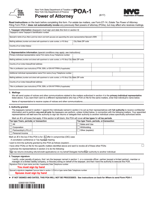 Form Poa-1 - Power Of Attorney - New York City Department Of Finance