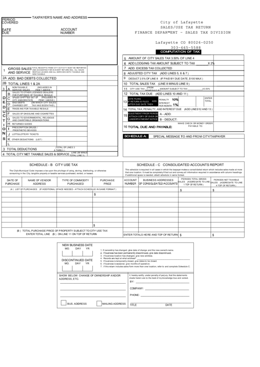 Sales / Use Tax Return Form - City Of Lafayette printable pdf download