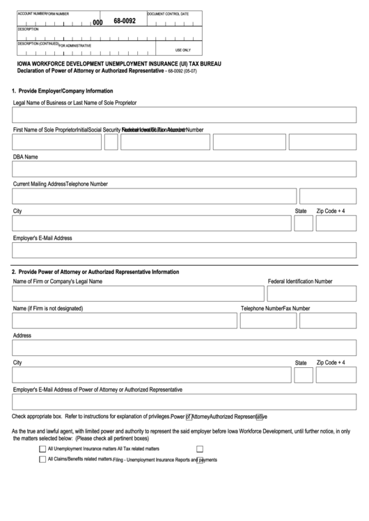Fillable Form 68-0092 - Declaration Of Power Of Attorney Or Authorized Representative - Iowa Workforce Development Unemployment Insurance (Ui) Tax Bureau Printable pdf