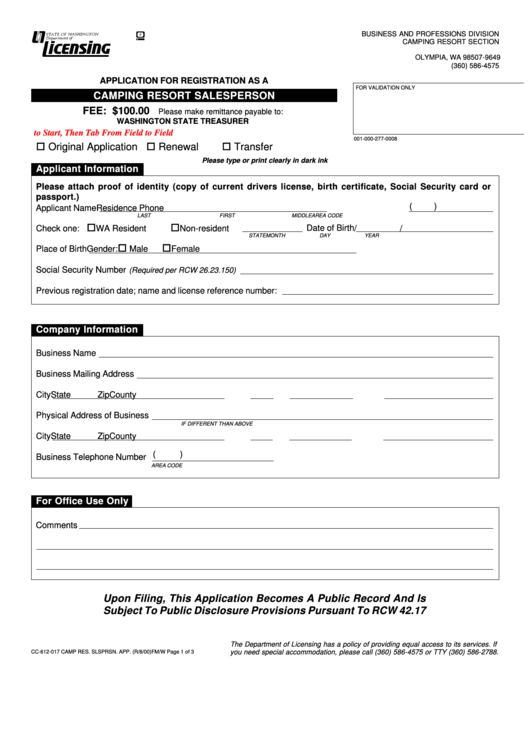 Fillable Application For Registration As A Camping Resort Salesperson Form - 2000 Printable pdf