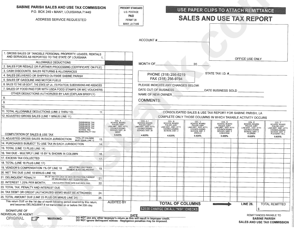Sales And Use Tax Report Form - Sabine Parish