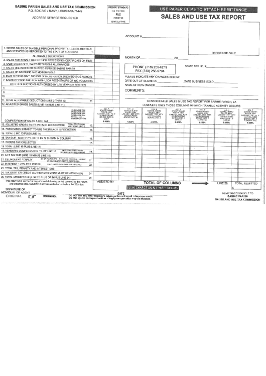 Sales And Use Tax Report Form - Sabine Parish Printable pdf