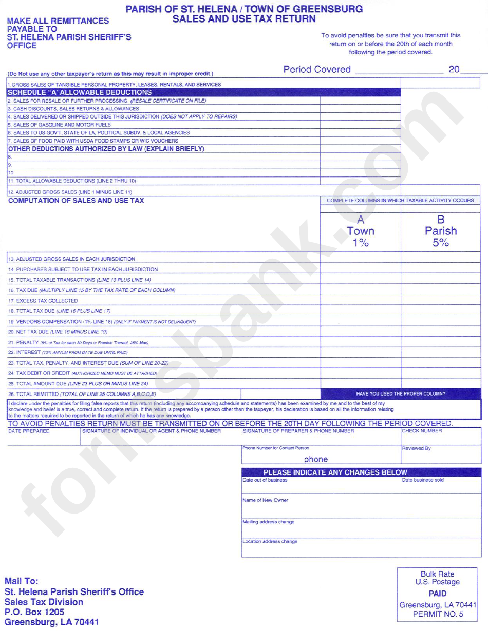 Sales / Use Tax Return Form - Parish Of St. Helena / Town Of Greensburg