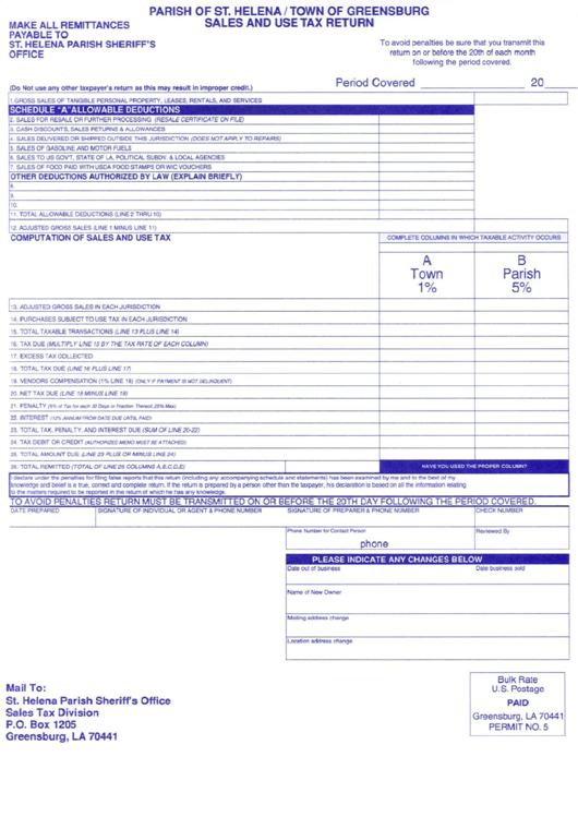Sales / Use Tax Return Form - Parish Of St. Helena / Town Of Greensburg Printable pdf