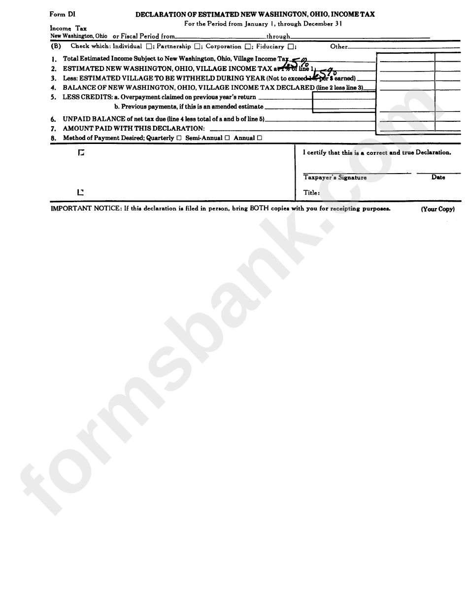 Form Di - Declaration Of Estimated New Washington, Ohio, Income Tax