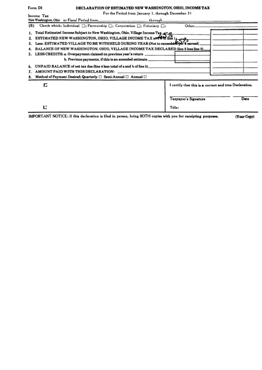 Form Di - Declaration Of Estimated New Washington, Ohio, Income Tax Printable pdf
