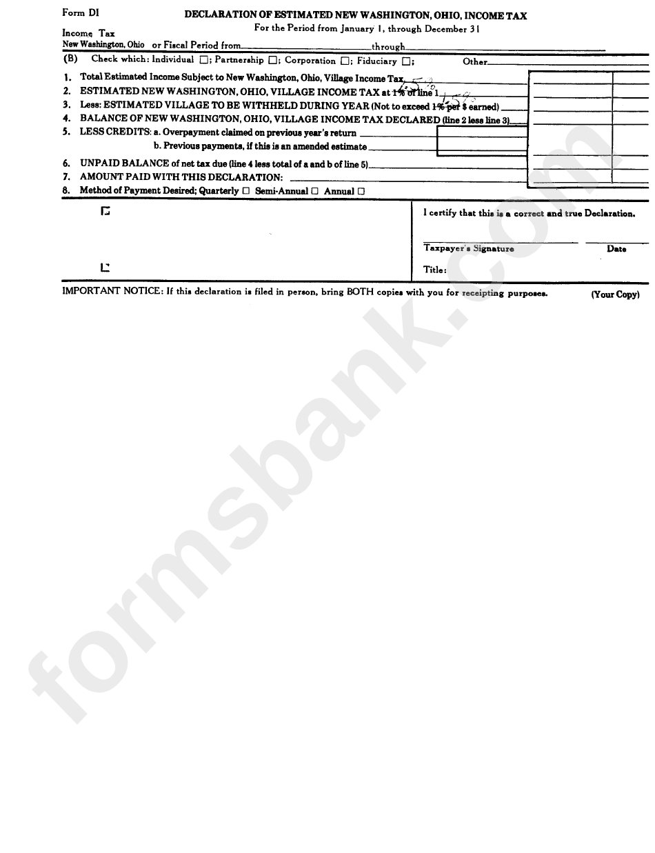 Form Di - Declaration Of Estimated New Washington, Ohio, Income Tax