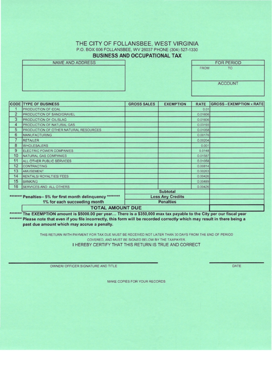 Business And Occupational Tax Form - The City Of Follansbee, West Virginia Printable pdf