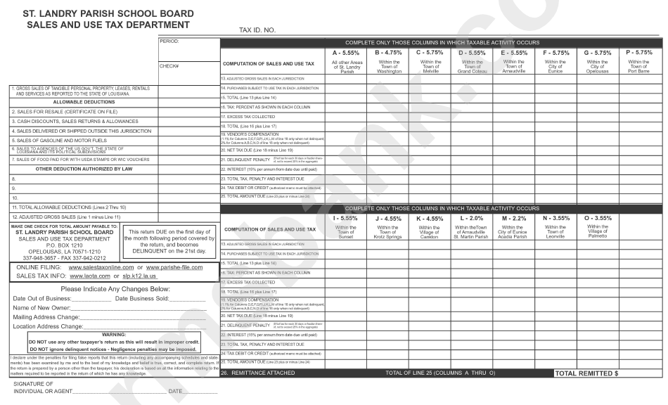 Sales / Use Tax Report Form - St. Landry Parish