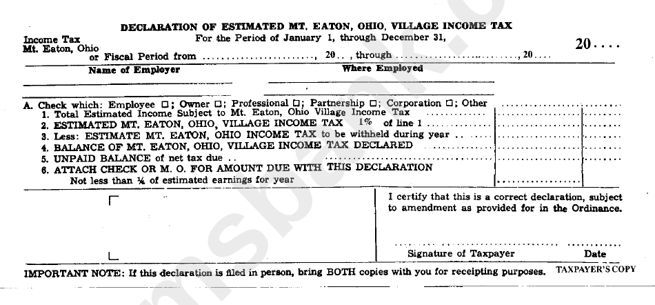 Declaration Of Estimated Mt. Eaton Form - Ohio, Village Income Tax