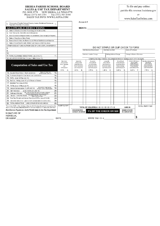 Sales / Use Tax Report Form - Iberia Parish Printable pdf