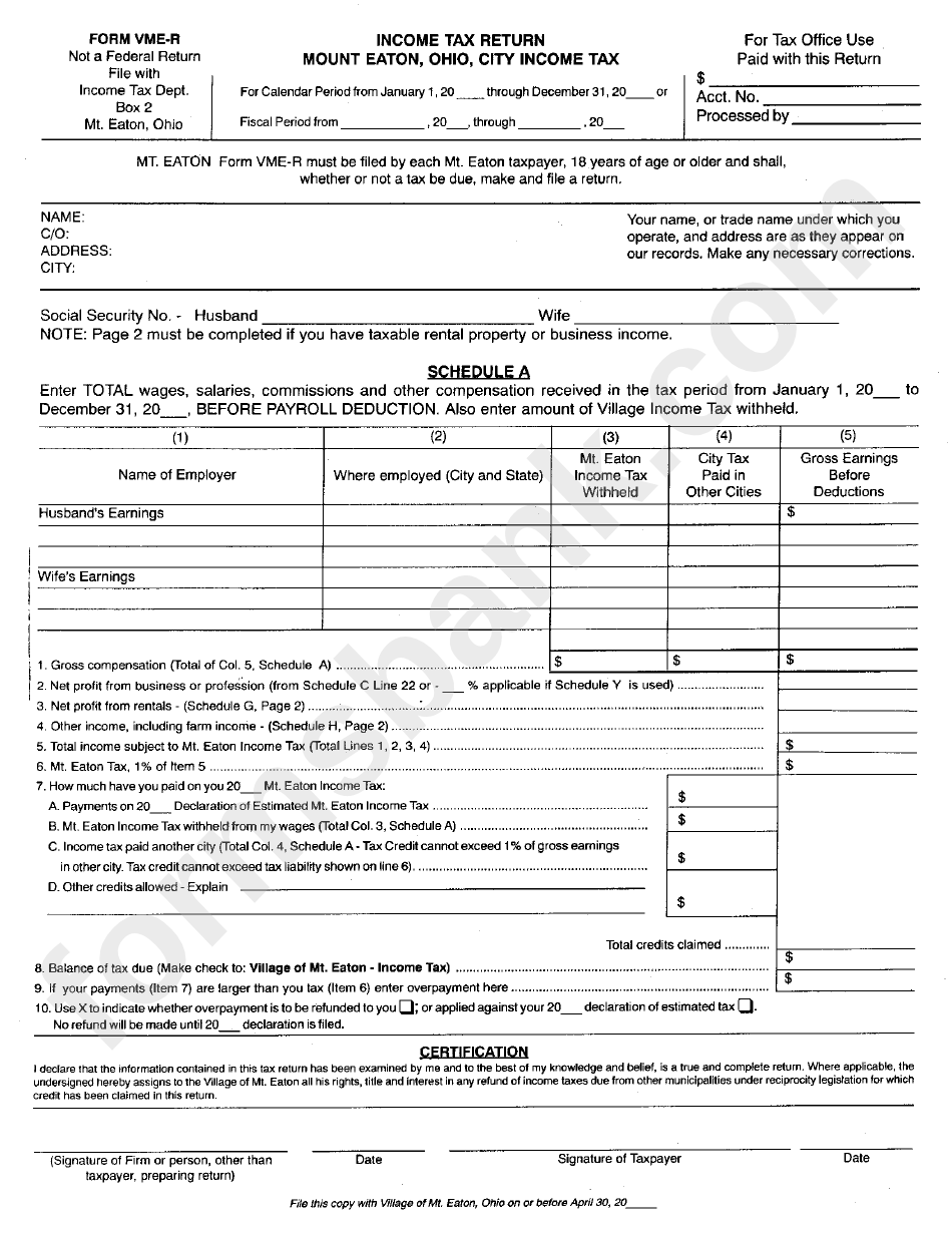 Form Vme-R - Income Tax Return - Mount Eaton, Ohio, City Income Tax