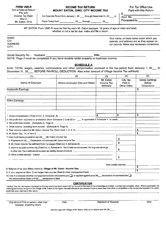 Form Vme-R - Income Tax Return - Mount Eaton, Ohio, City Income Tax Printable pdf