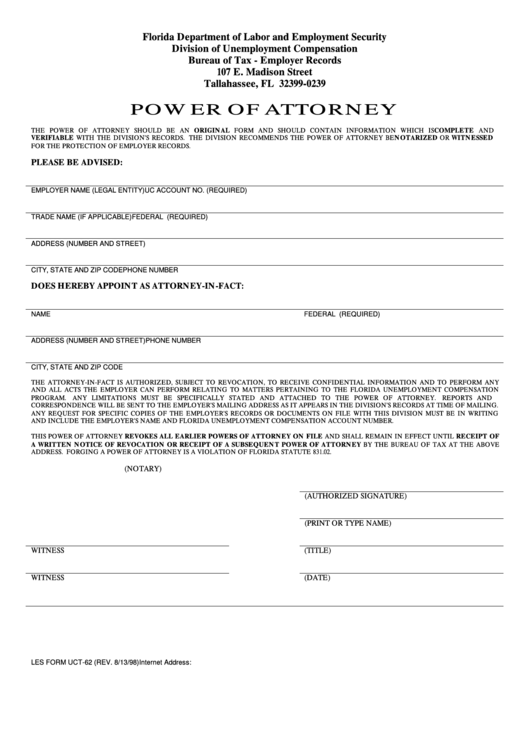 Form Uct-62 - Power Of Attorney - Florida Department Of Labor And Employment Security Printable pdf