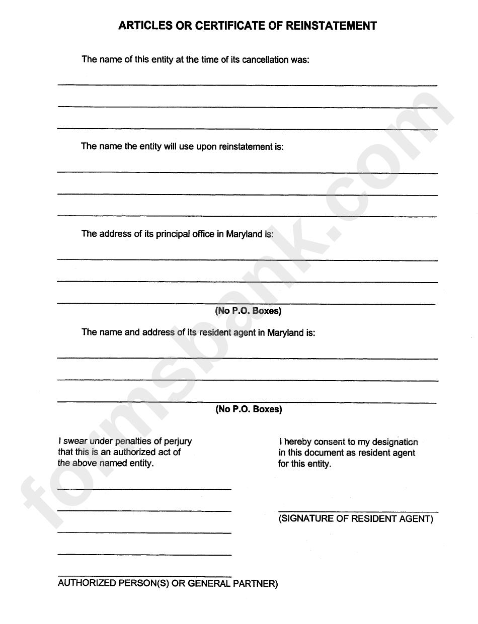 Articles Of Certificate Of Reinstatement Form