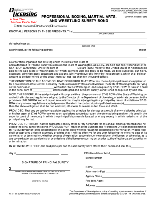 Fillable Professional Boxing, Martial Arts, And Wrestling Surety Bond Form - 1999 Printable pdf
