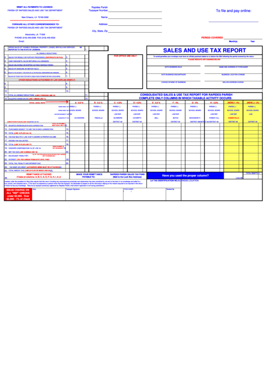 Sales And Use Tax Report Form - Parish Of Rapides Printable pdf