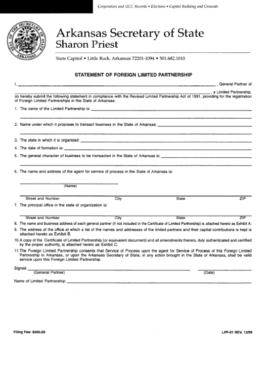 Form Lpf-01 - Statement Of Foreign Limited Parthership Printable pdf
