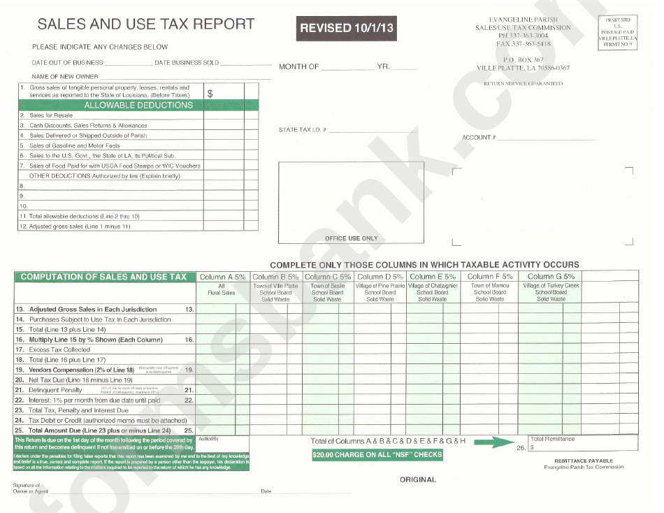 Sales / Use Tax Report Form - Evangeline Parish