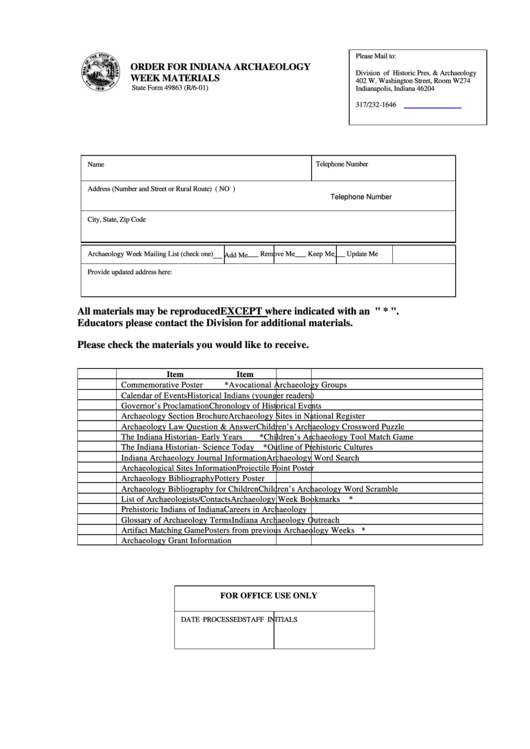 Fillable Form 49863 - Order For Indiana Archaeology Week Materials Printable pdf