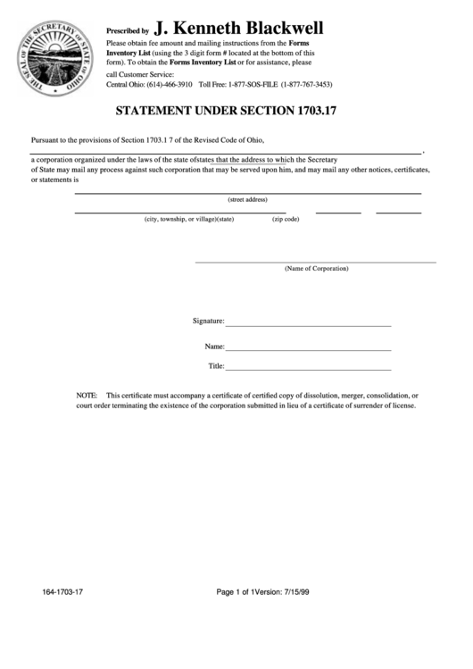Statement Under Section 1703.17 Form Printable pdf