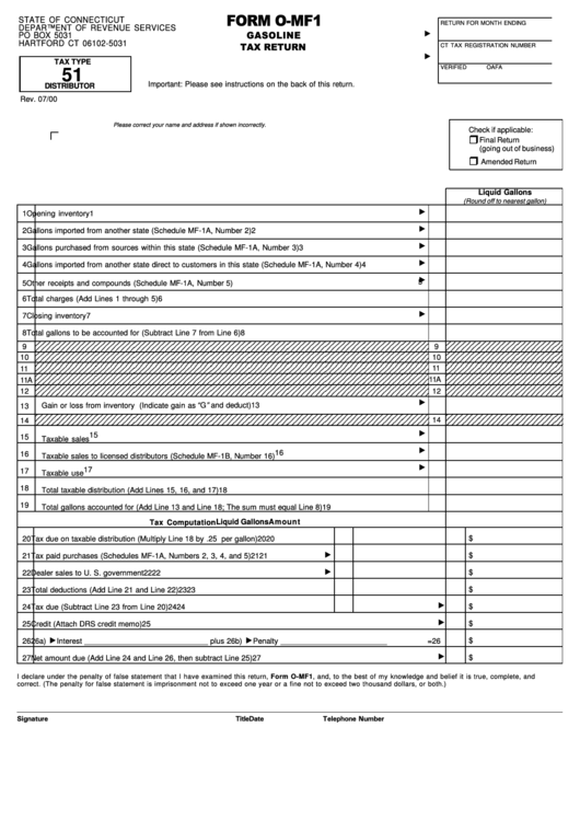 Form O-Mf1 - Gasoline Tax Return Printable pdf