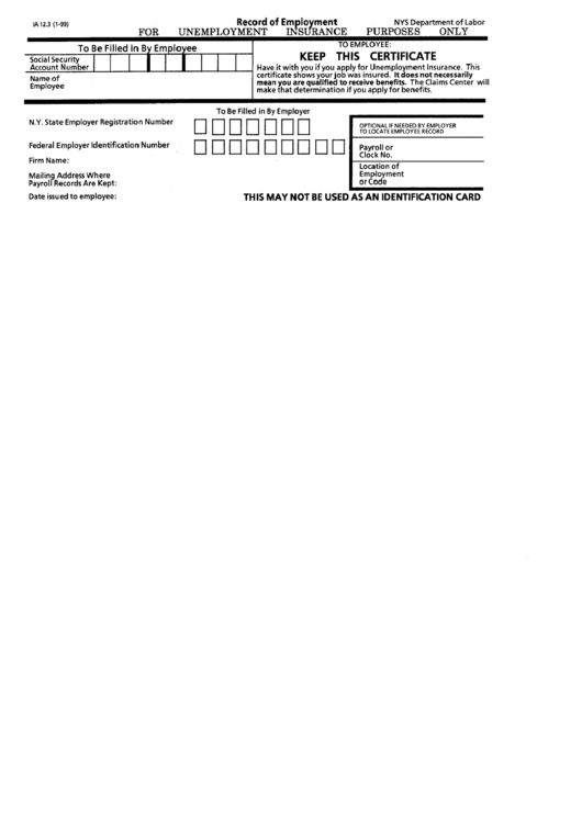 Form Ia 12.3 - Record Of Employment Printable pdf