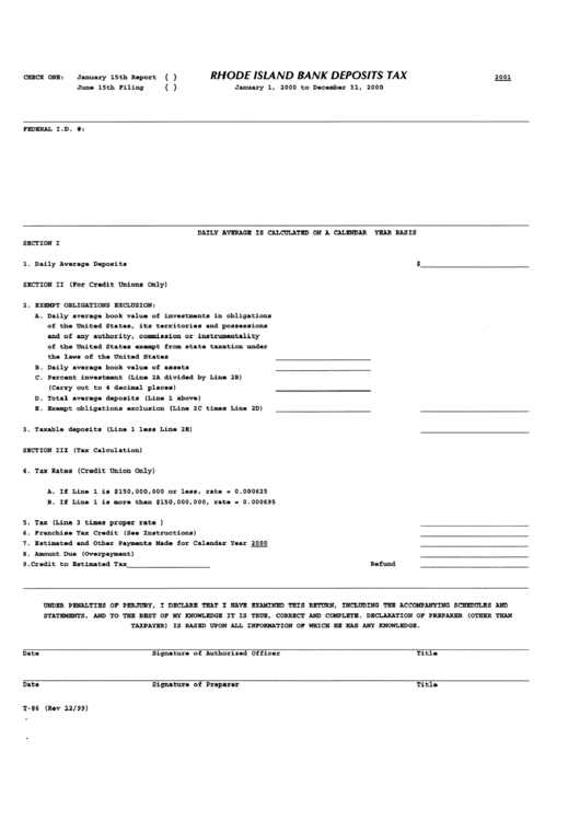 Form T-86 - Bank Deposit Tax Printable pdf
