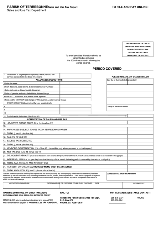 Sales And Use Tax Report Form Parish Of Terrebonne printable pdf download