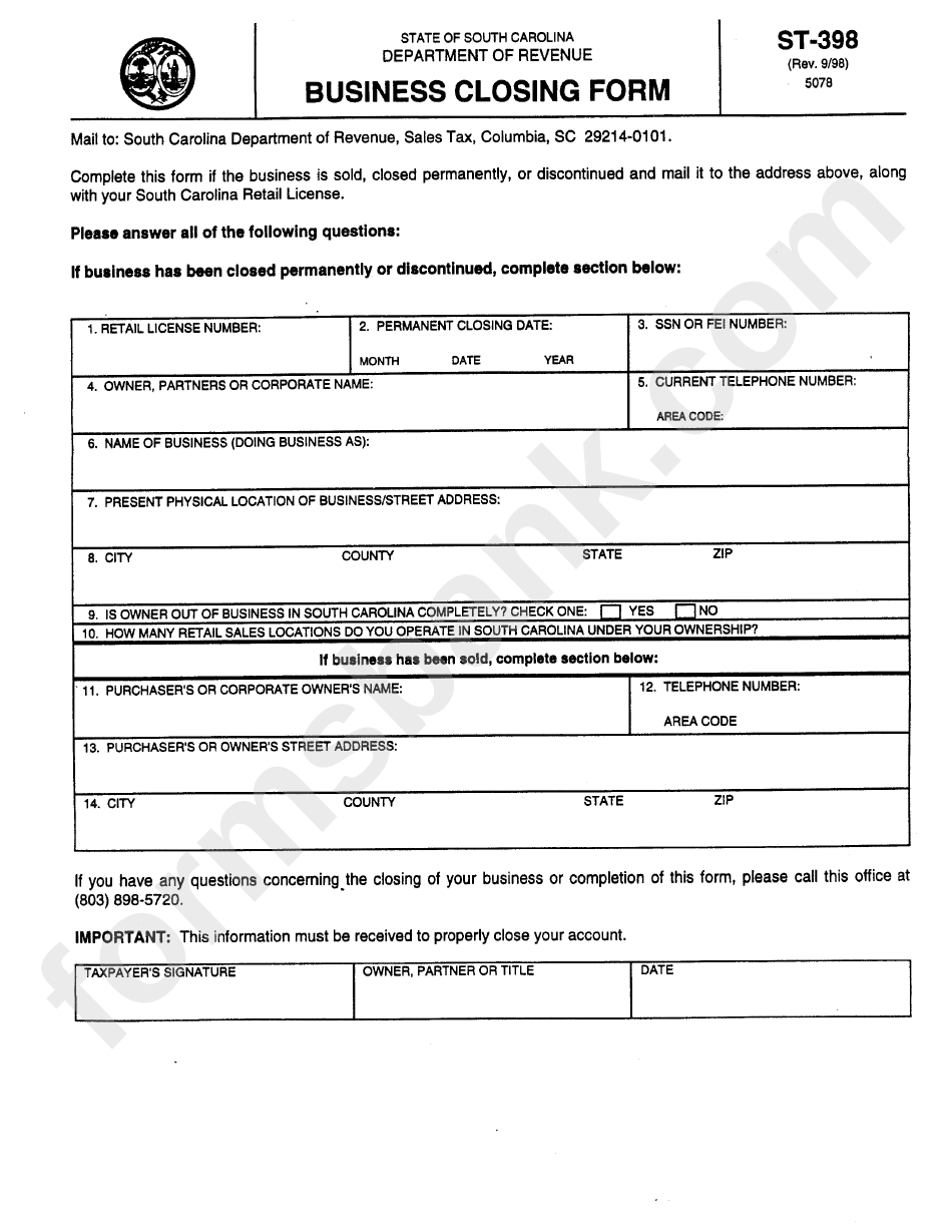 Form St-398 - Business Closing Form