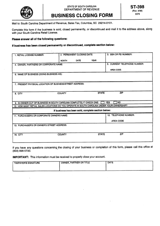 Form St-398 - Business Closing Form Printable pdf