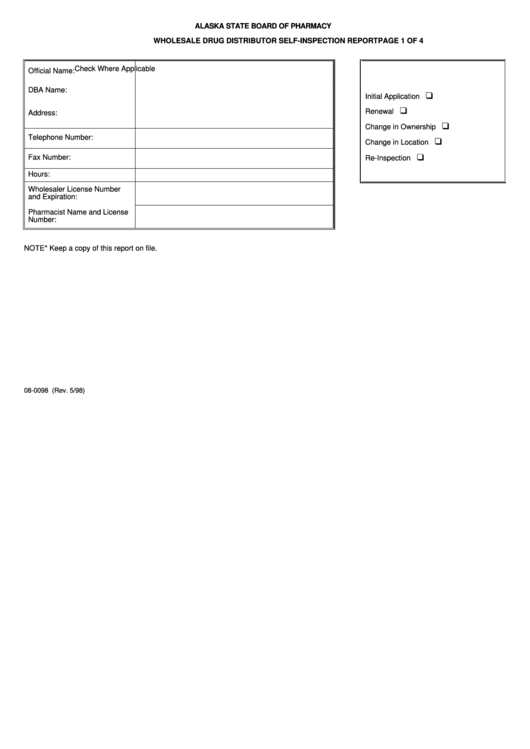 Form 08-0098 - Wholesale Drug Distributor Self-Inspection Report - Alaska State Board Of Pharmacy Printable pdf