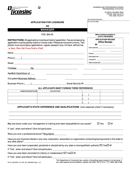 Fillable Form Pa-611-020 - Application For Licensure As Manager Printable pdf