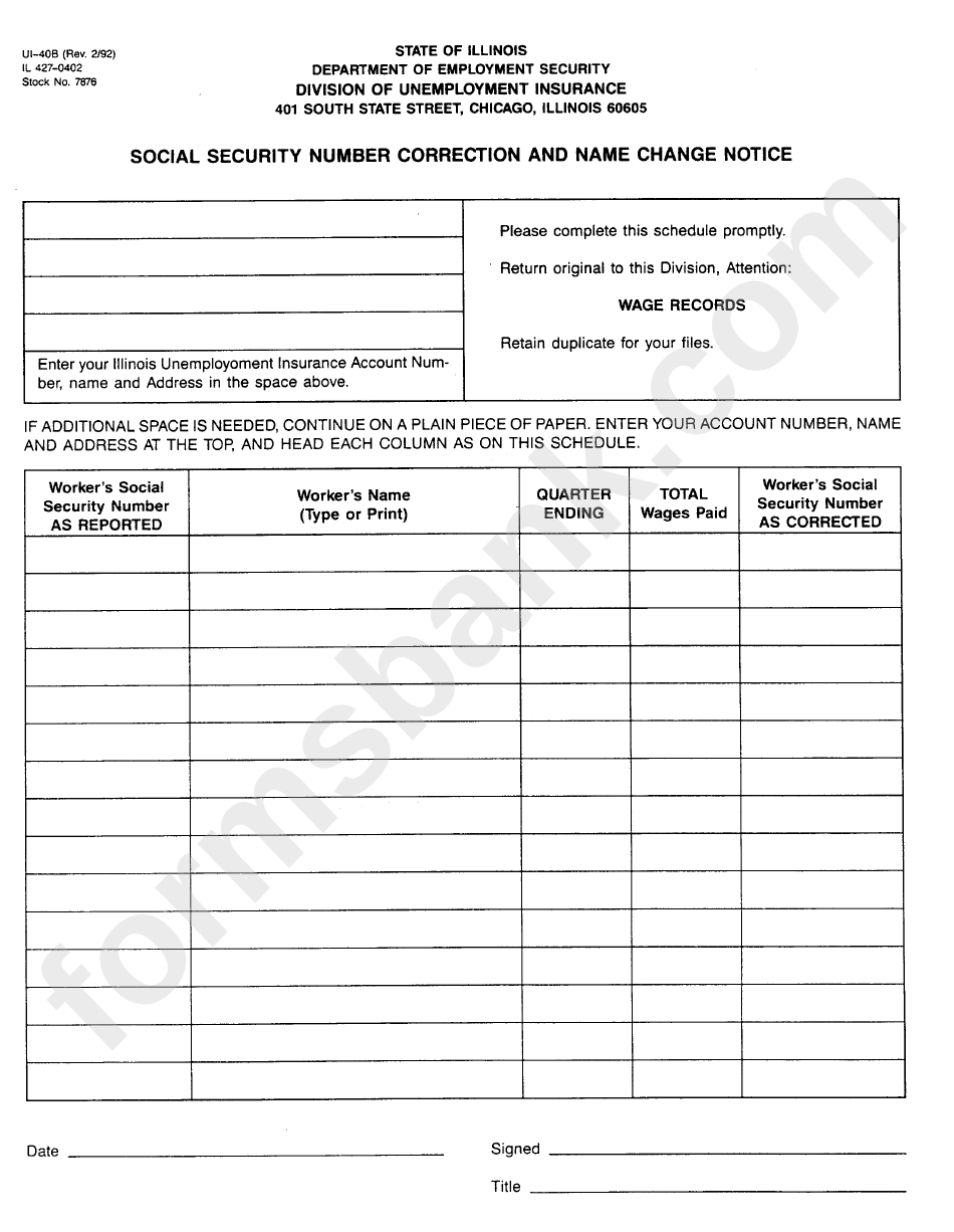 Form Ui-40b - Social Security Number Correction And Name Change Notice