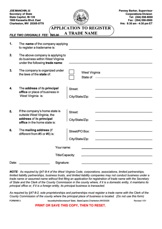 Fillable Form Nr-3 - Application To Register A Trade Name Printable pdf