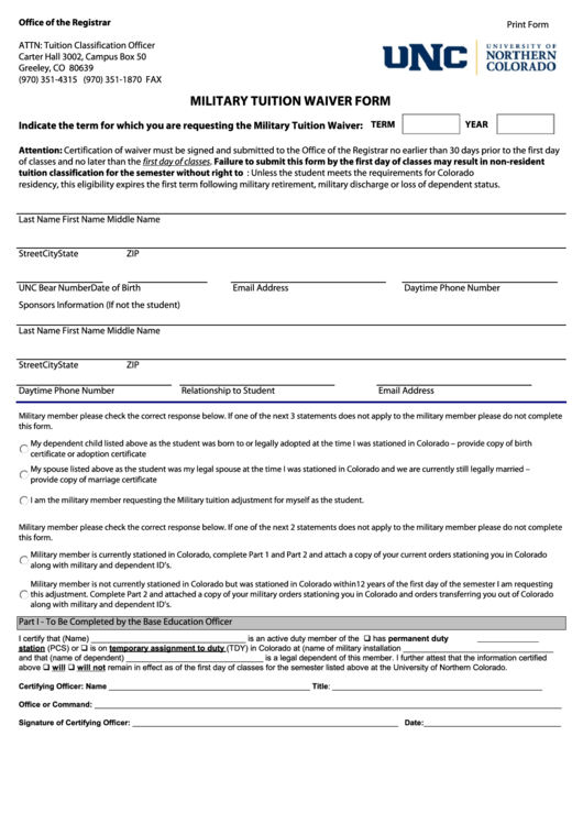 Fillable Military Tuition Waiver Form Printable pdf