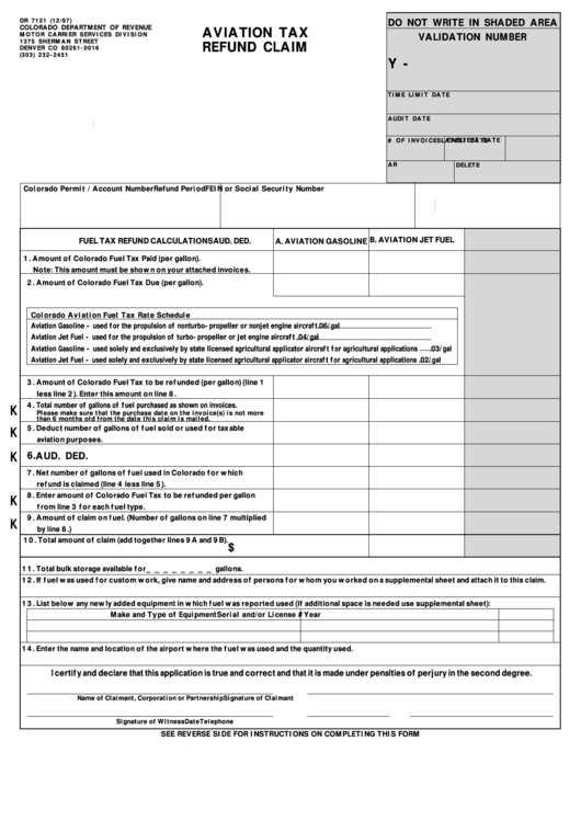 Form Dr 7121 - Aviation Tax Refund Claim - 1997 Printable pdf