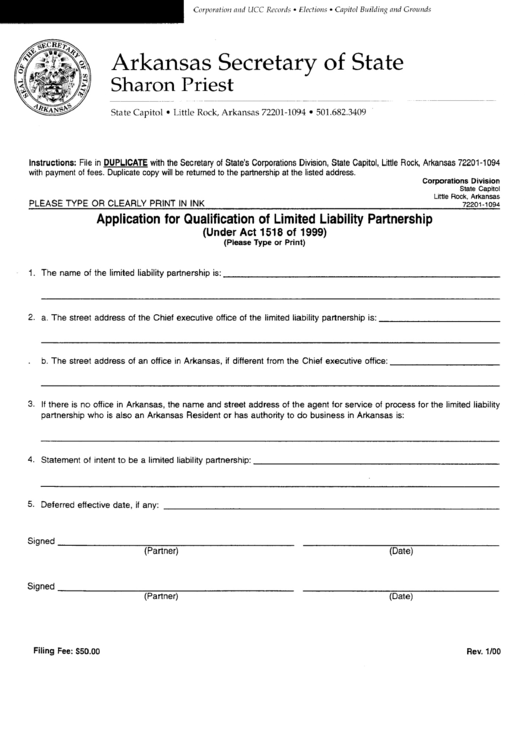 Application For Qualification Of Limited Liability Partnership Form Printable pdf