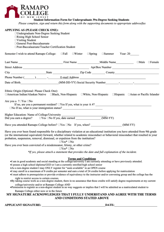 Student Information Form For Undergraduate Non-Degree Seeking Students Printable pdf