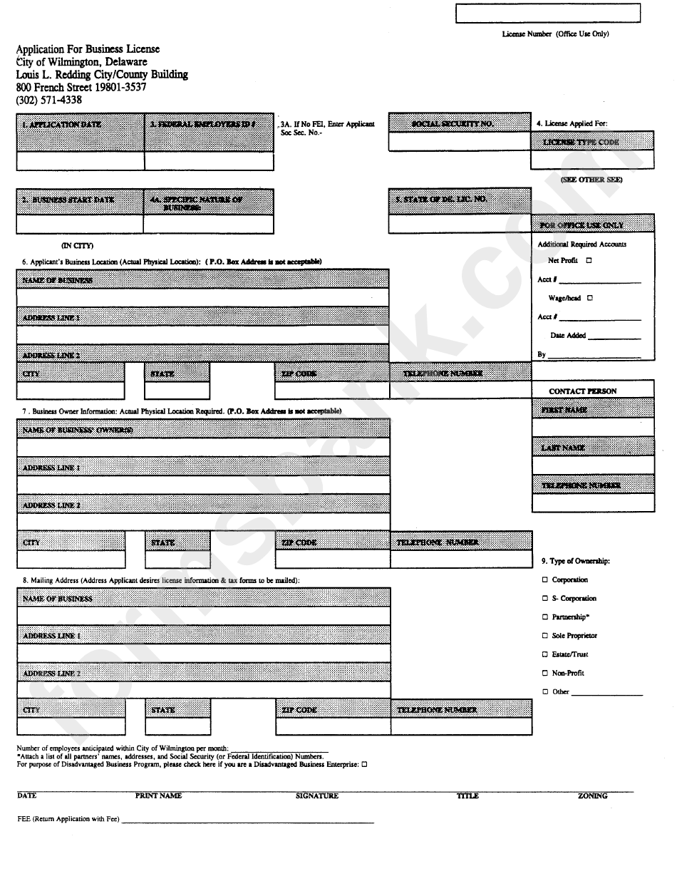 Application For Business License Form - City Of Wilmington