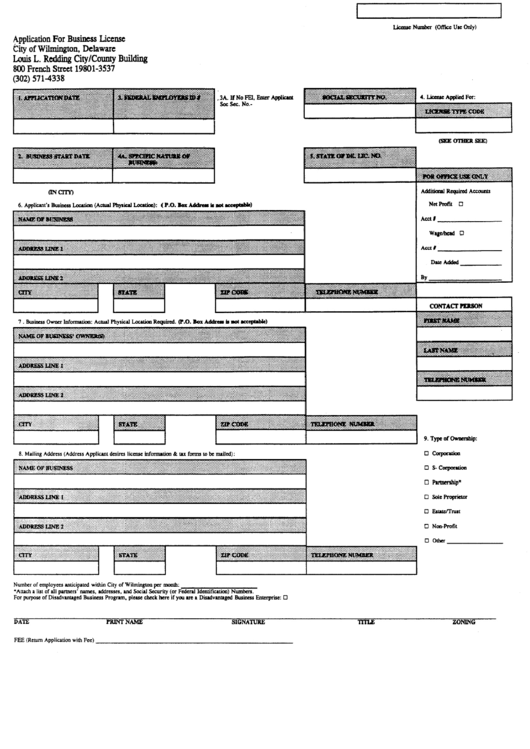 Application For Business License Form - City Of Wilmington Printable pdf