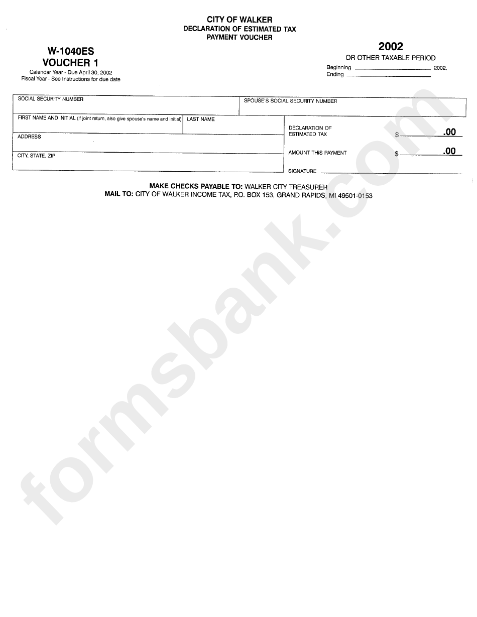 Form W-1040es - Declration Of Estimated Tax Payment Voucher - 2002 - City Of Walker