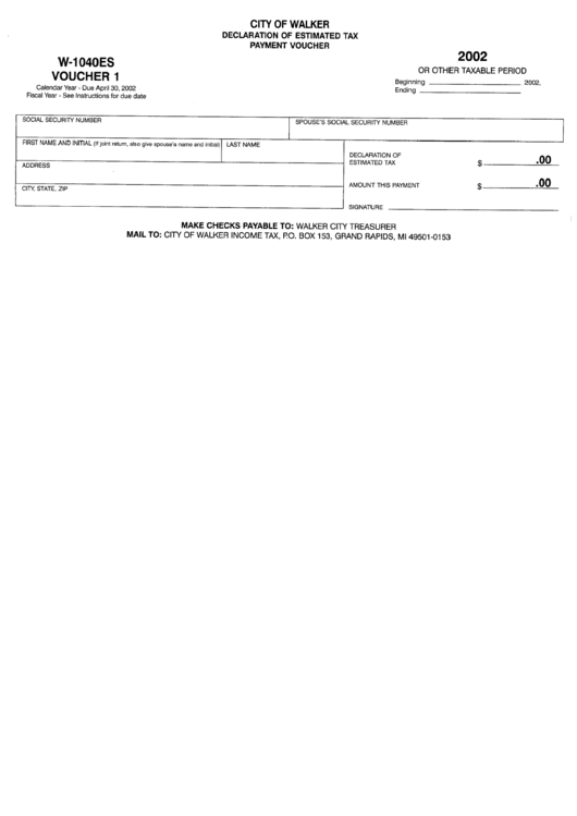 Form W-1040es - Declration Of Estimated Tax Payment Voucher - 2002 - City Of Walker Printable pdf