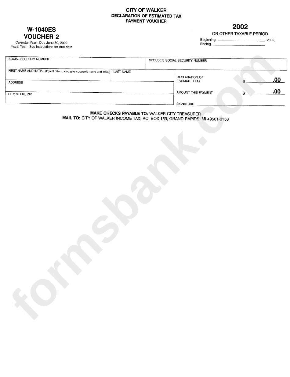 Form W-1040es - Declration Of Estimated Tax Payment Voucher - 2002 - City Of Walker