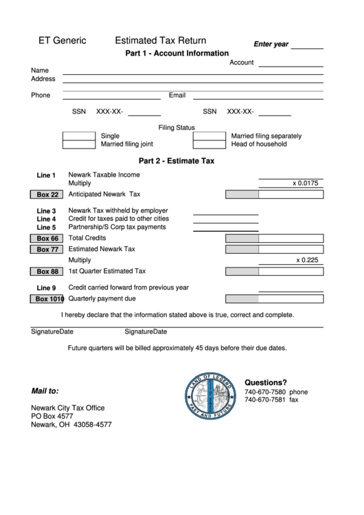Fillable Form Et Generic - Estimated Tax Return Printable pdf